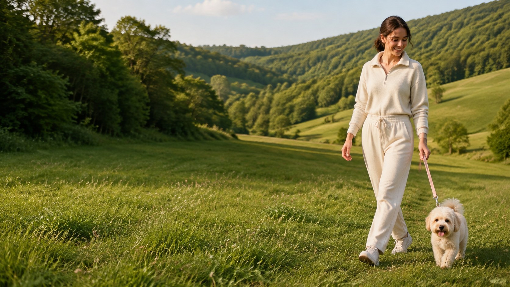 Young woman walking her small dog through a green meadow on a WIPAW outdoor adventure